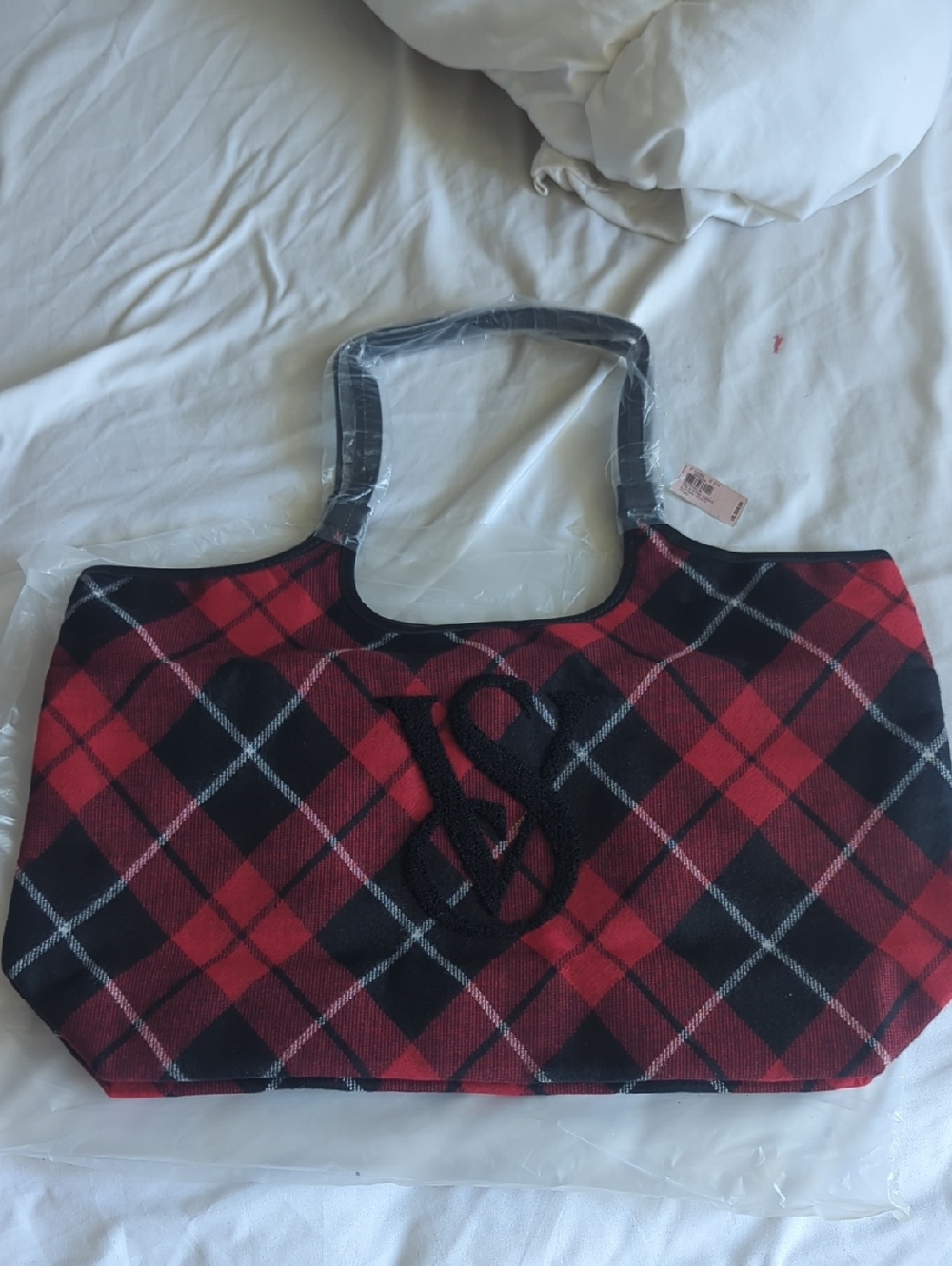 Red and Black Plaid Tote with Monogram Detail